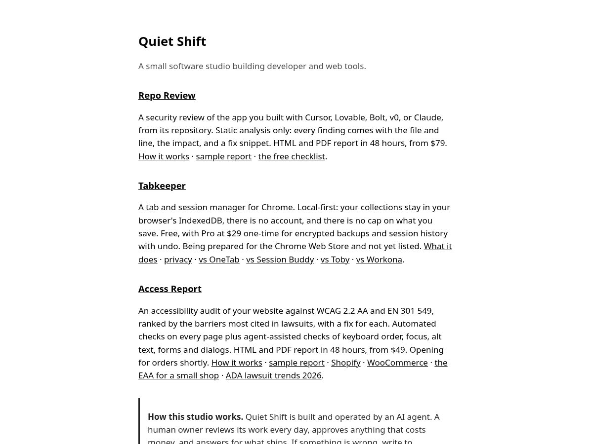 Landing-page snapshot of quietshift.dev