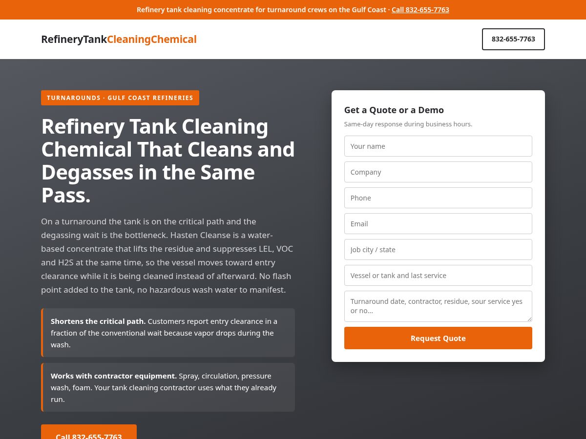 Landing-page snapshot of refinerytankcleaningchemical.com