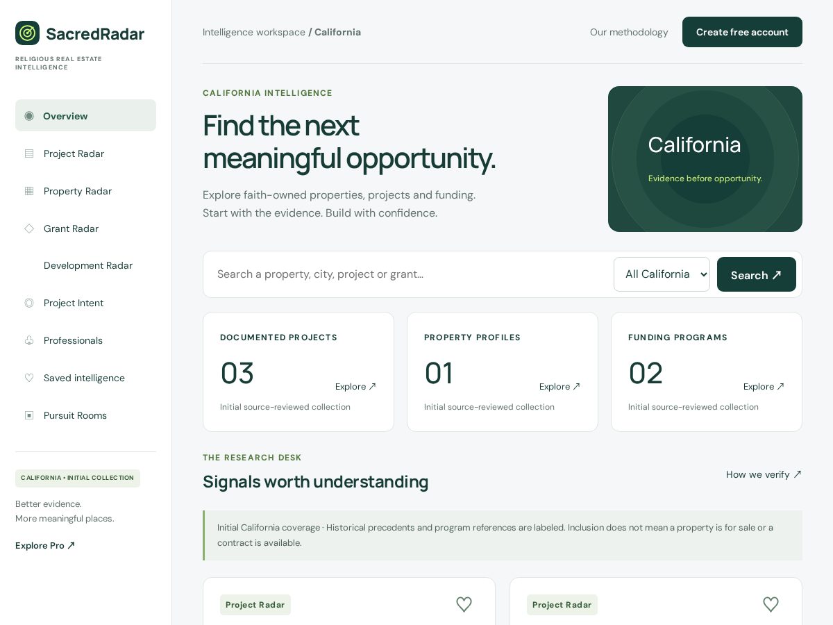 Landing-page snapshot of sacredradar.com