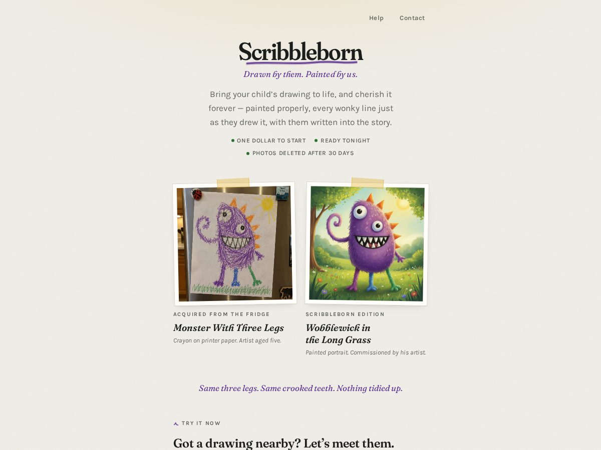 Landing-page snapshot of scribbleborn.com