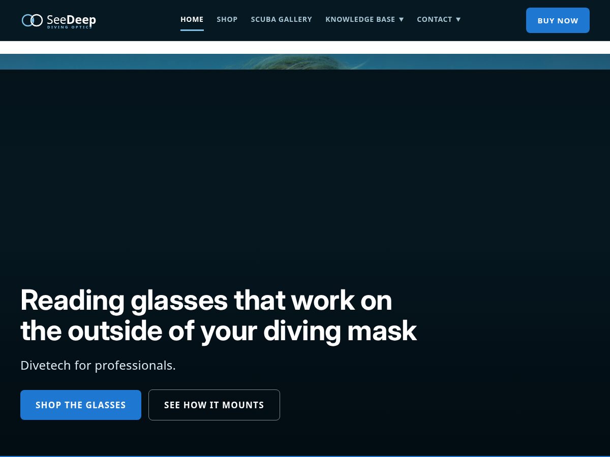Landing-page snapshot of seedeepdivingoptics.com