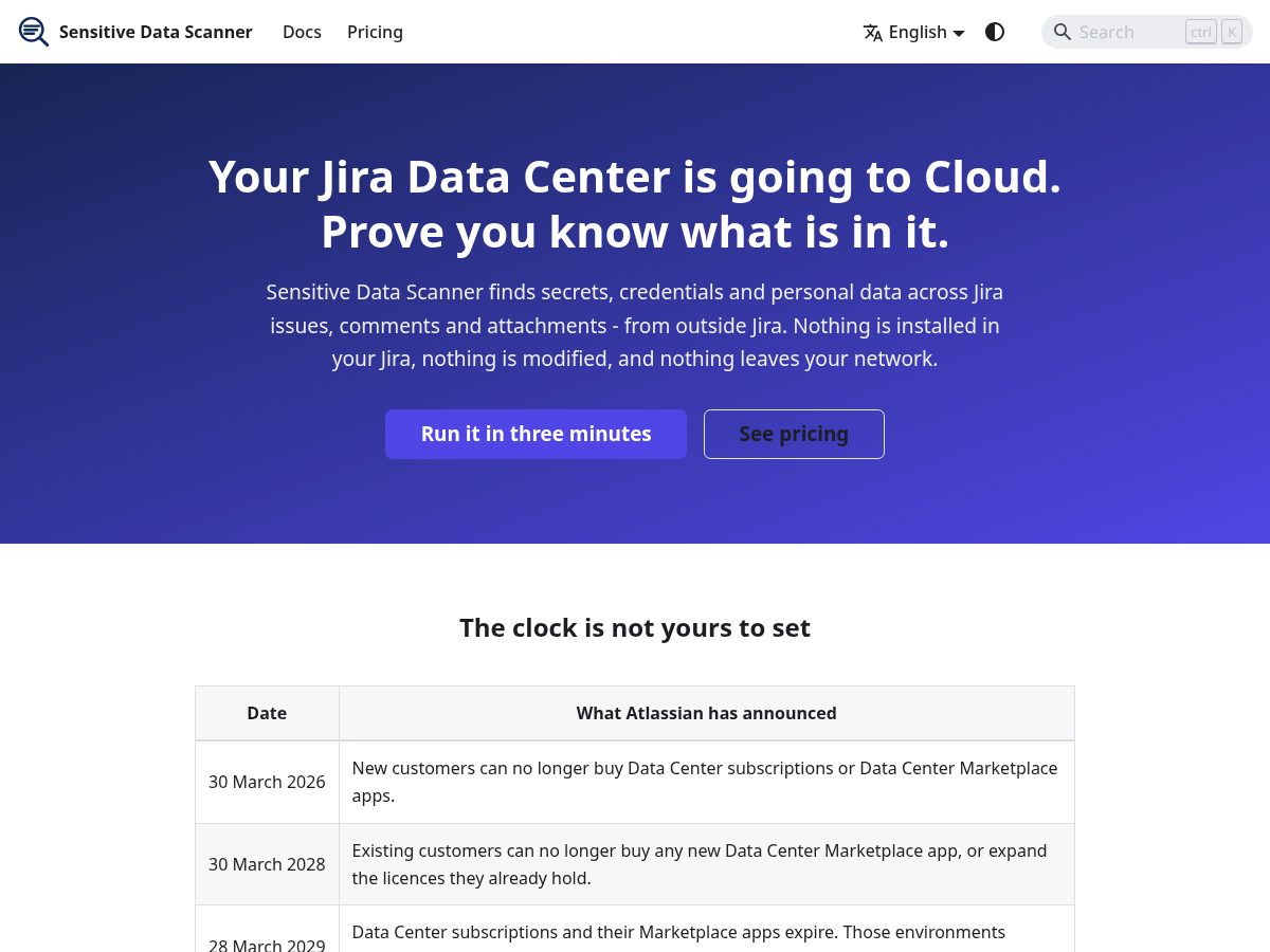 Landing-page snapshot of sensitivedatascanner.com