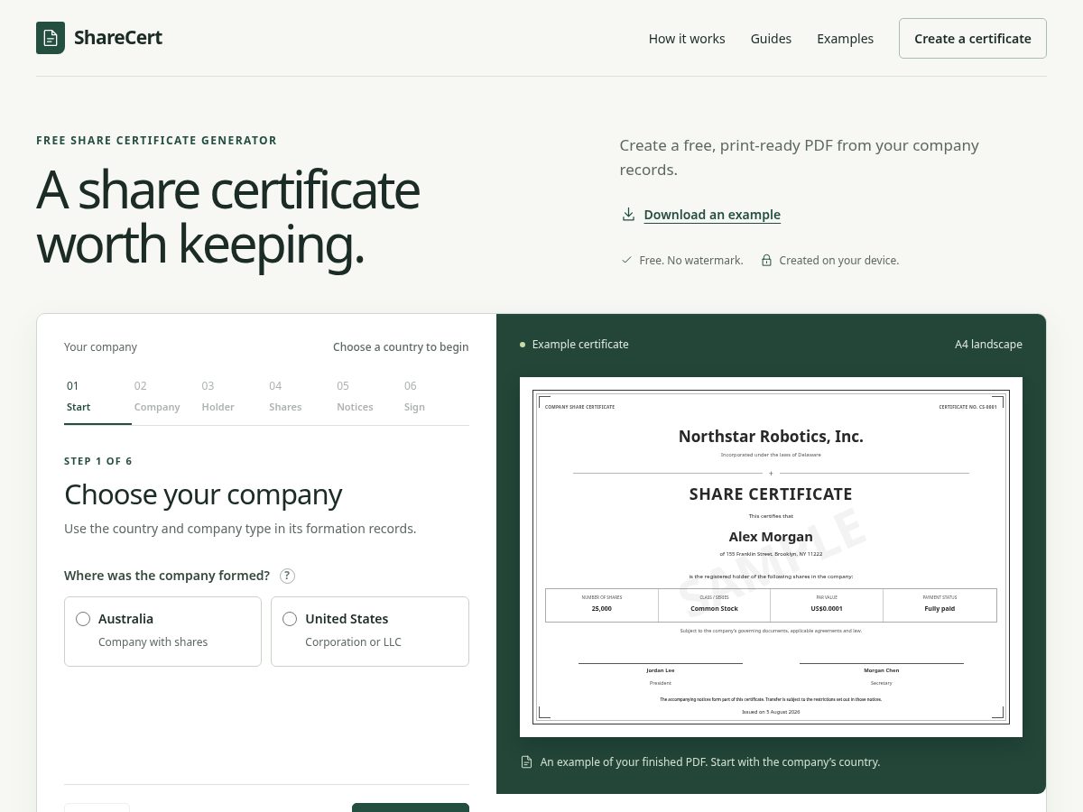 Landing-page snapshot of sharecertgenerator.com