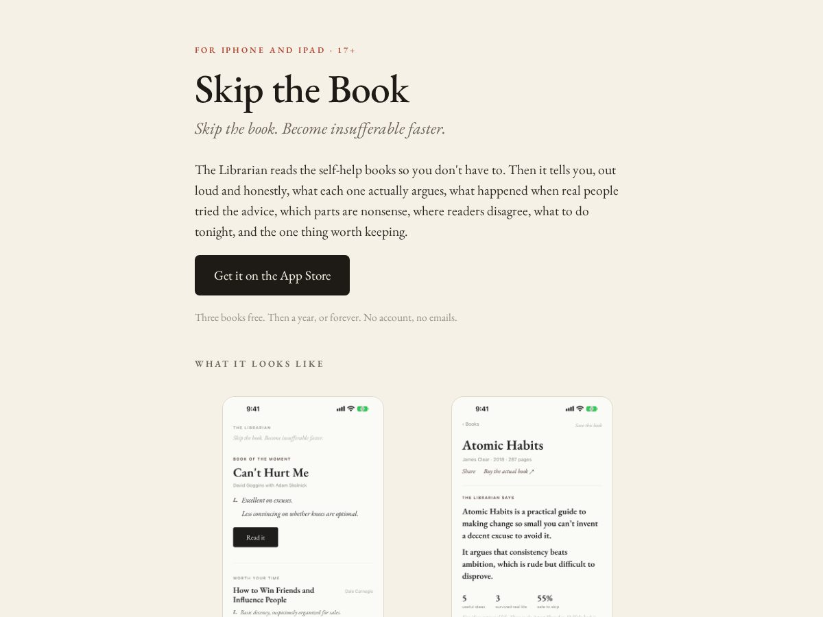 Landing-page snapshot of skipthebook.lol