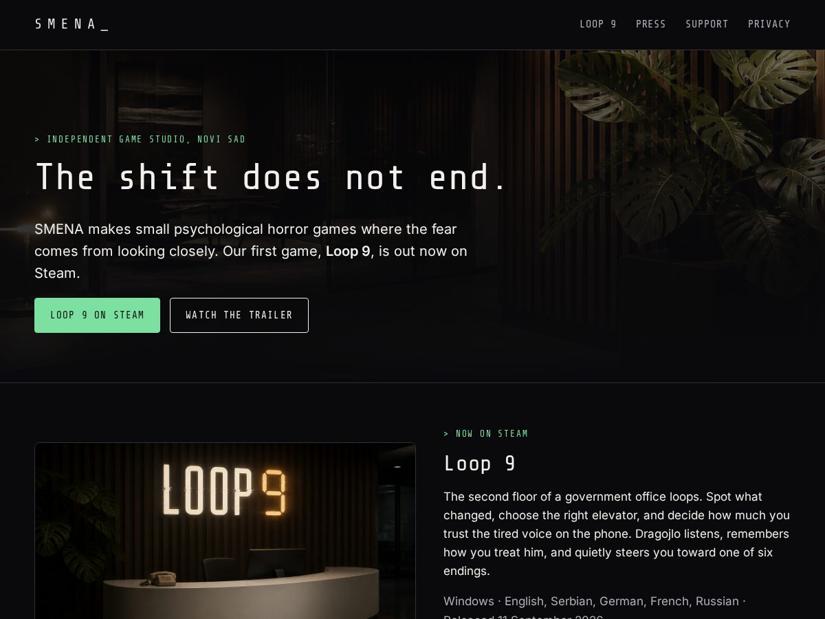 Landing-page snapshot of smena.games