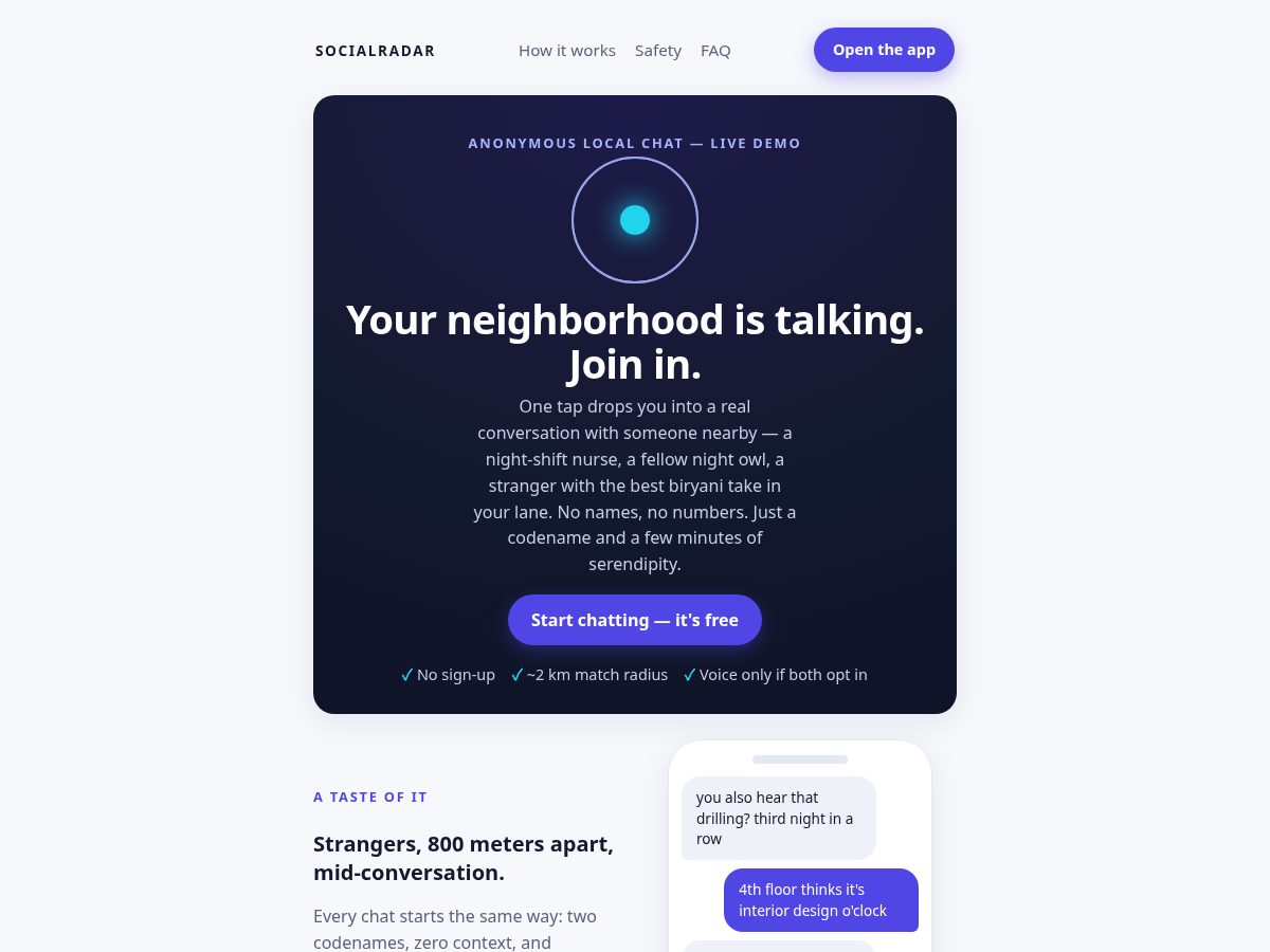 Landing-page snapshot of socialradar.online