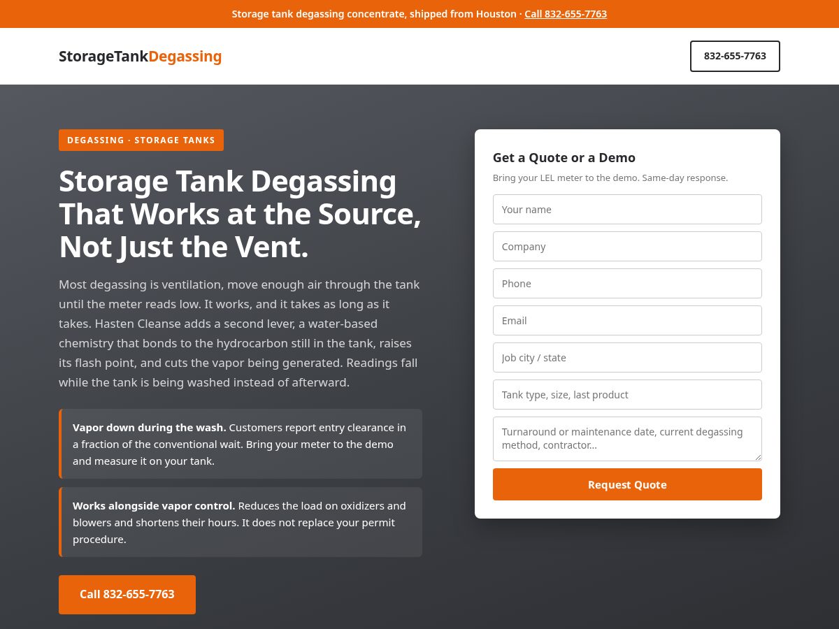 Landing-page snapshot of storagetankdegassing.com