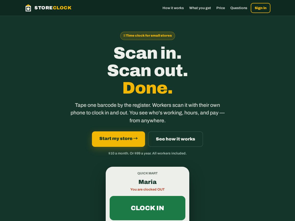 Landing-page snapshot of storeclock.com