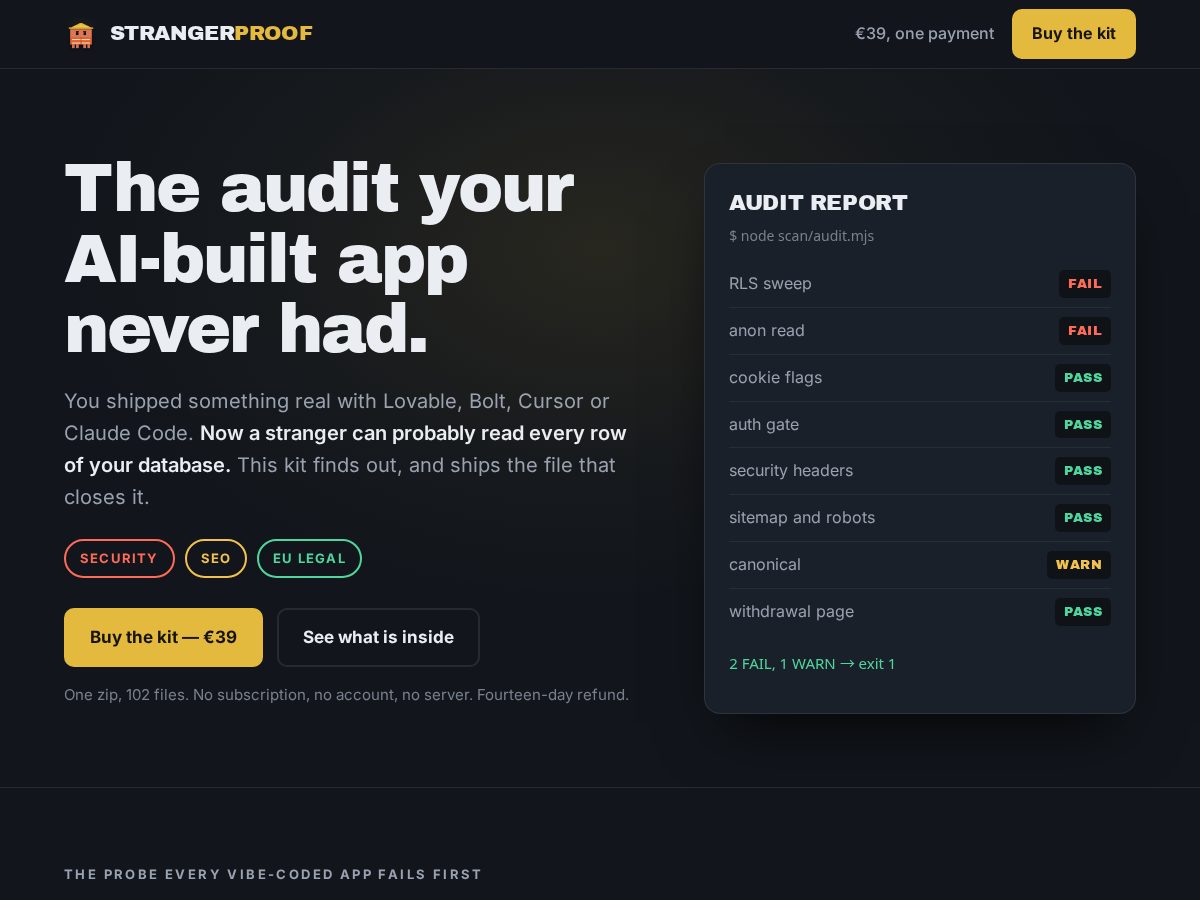 Landing-page snapshot of strangerproof.dev