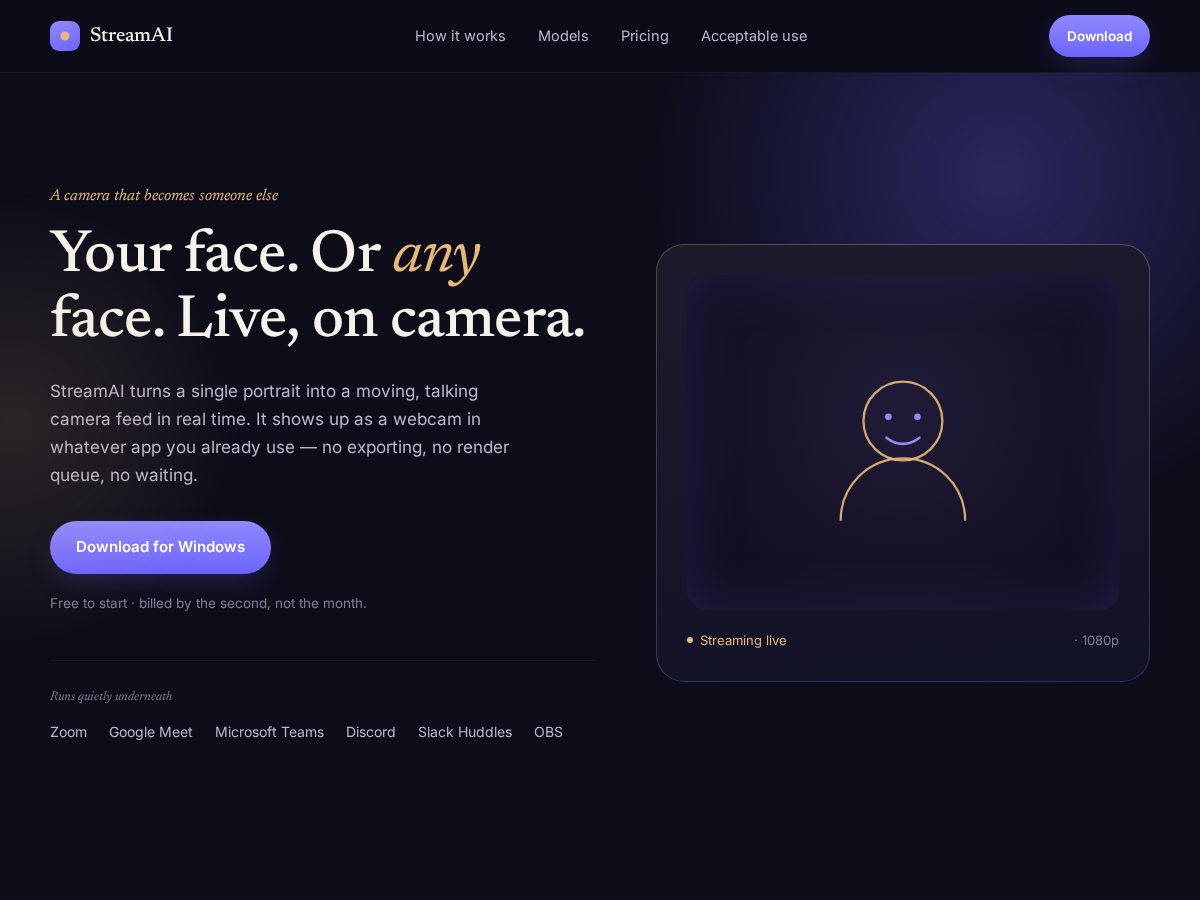Landing-page snapshot of streamaicam.com