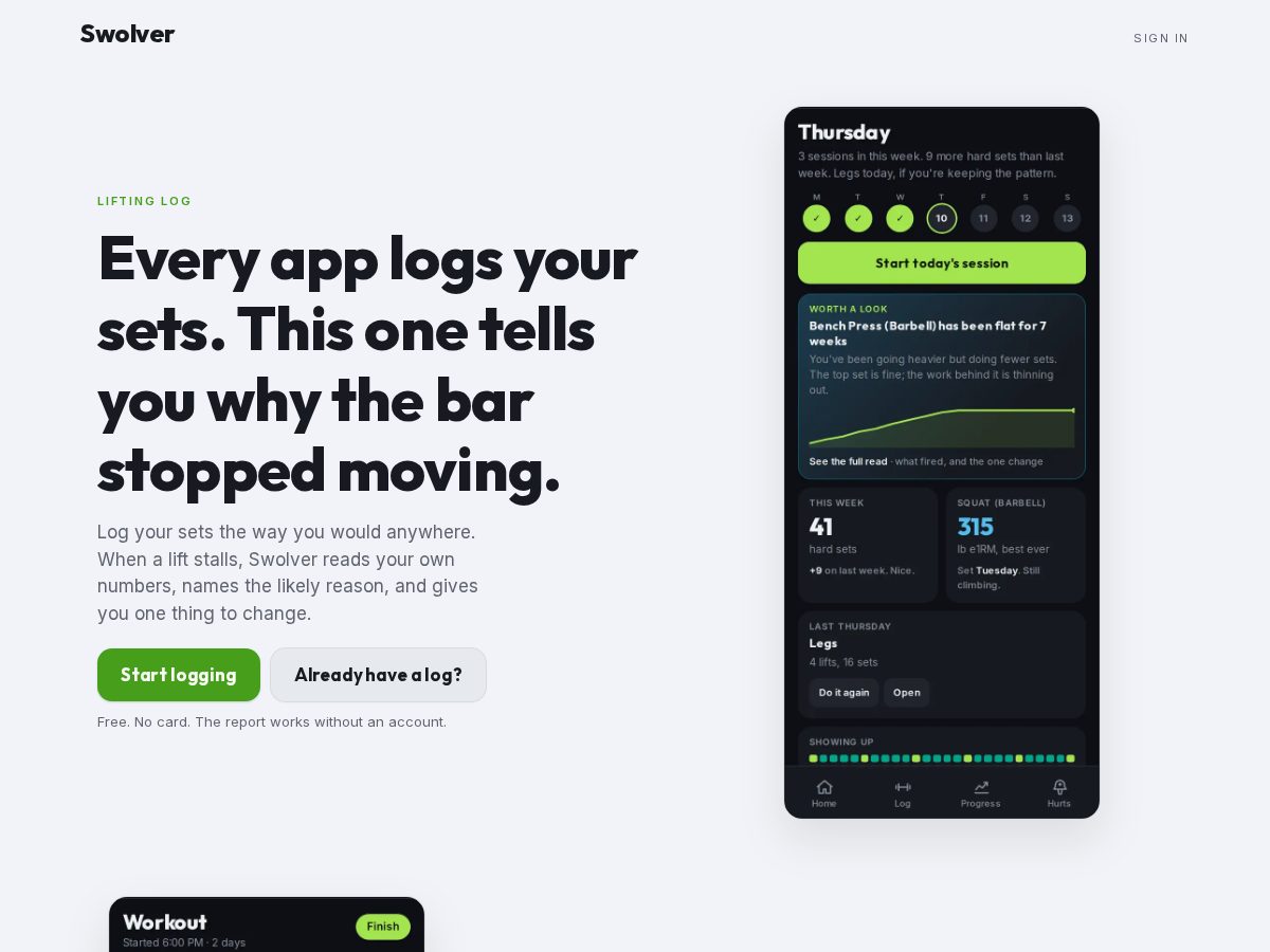 Landing-page snapshot of swolver.com
