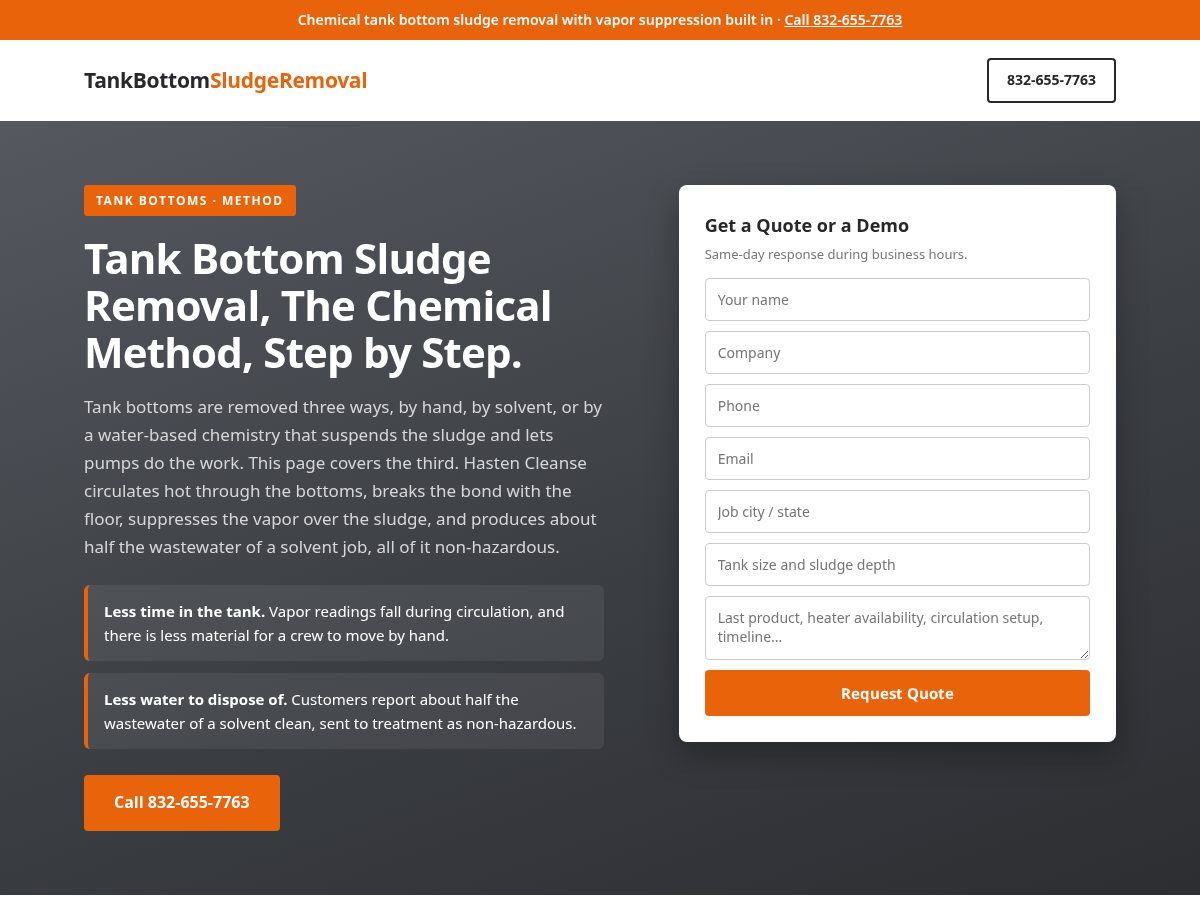 Landing-page snapshot of tankbottomsludgeremoval.com