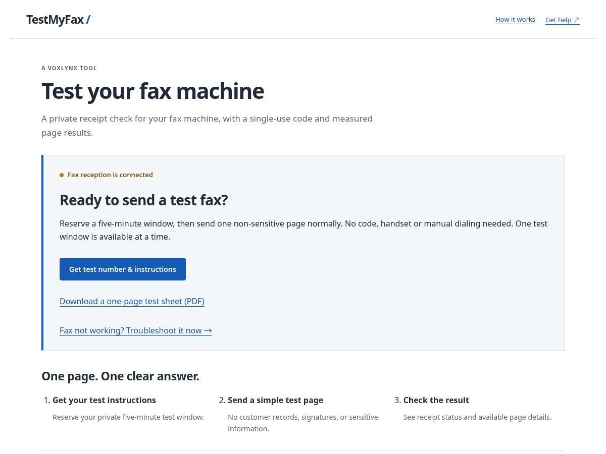 Landing-page snapshot of testmyfax.com