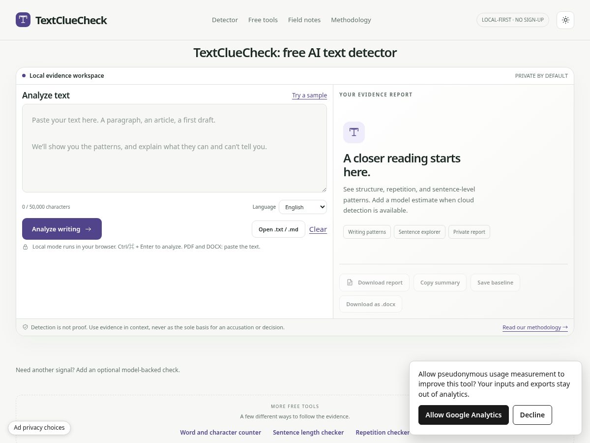 Landing-page snapshot of textcluecheck.com