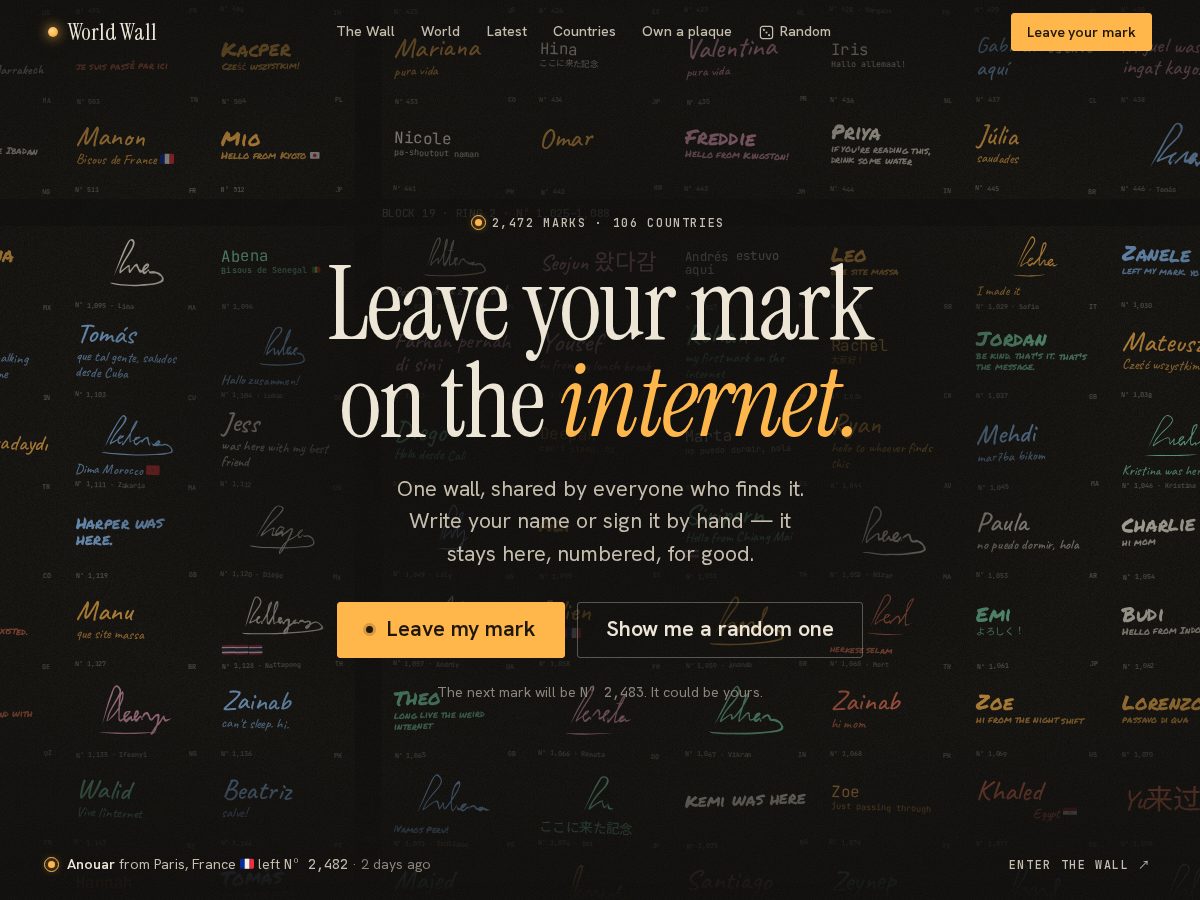 Landing-page snapshot of the-world-wall.com