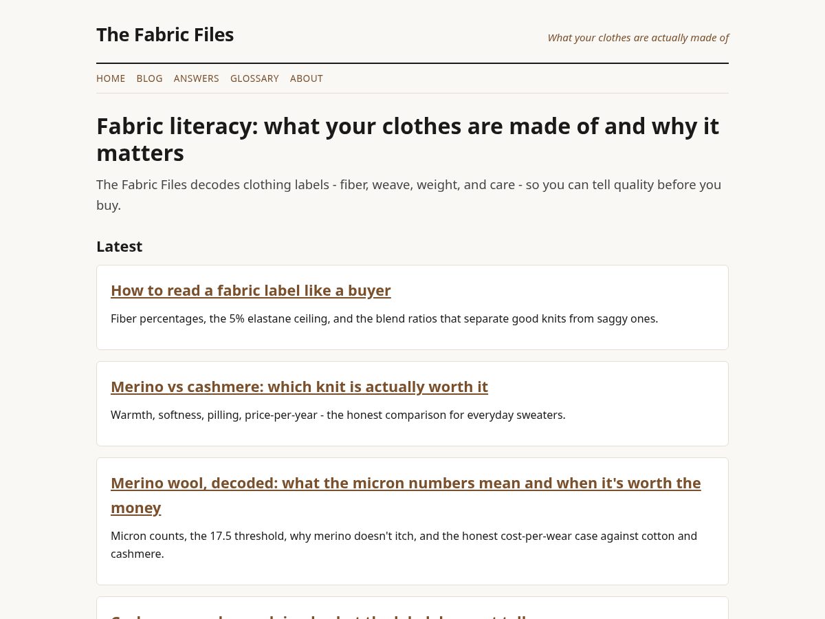 Landing-page snapshot of thefabricfiles.com