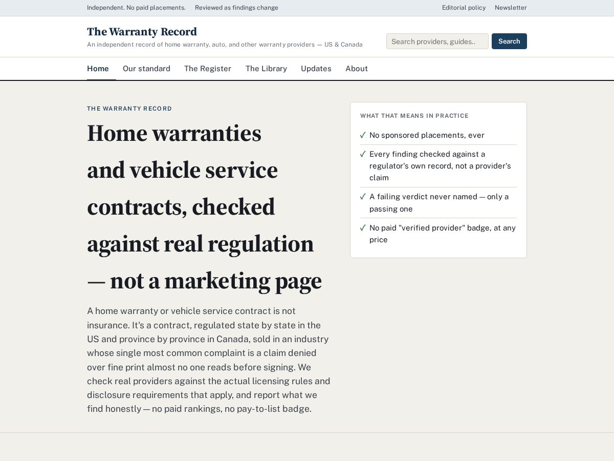 Landing-page snapshot of thewarrantyrecord.org