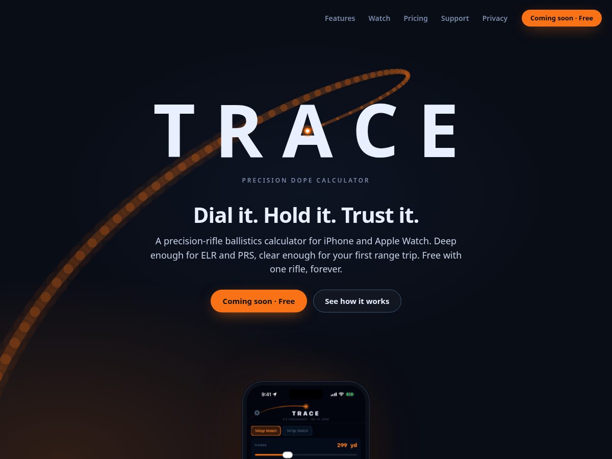 Landing-page snapshot of traceballistics.app