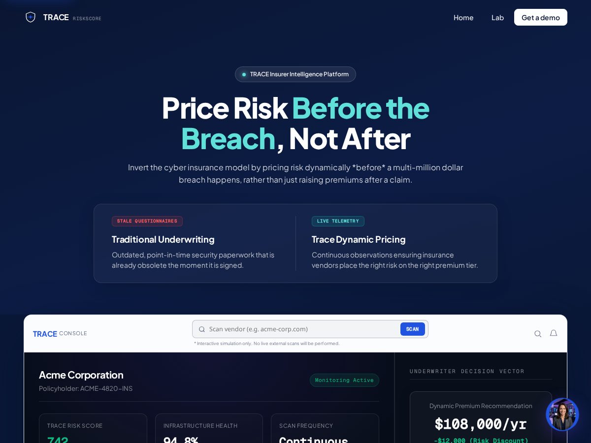 Landing-page snapshot of traceriskscore.com