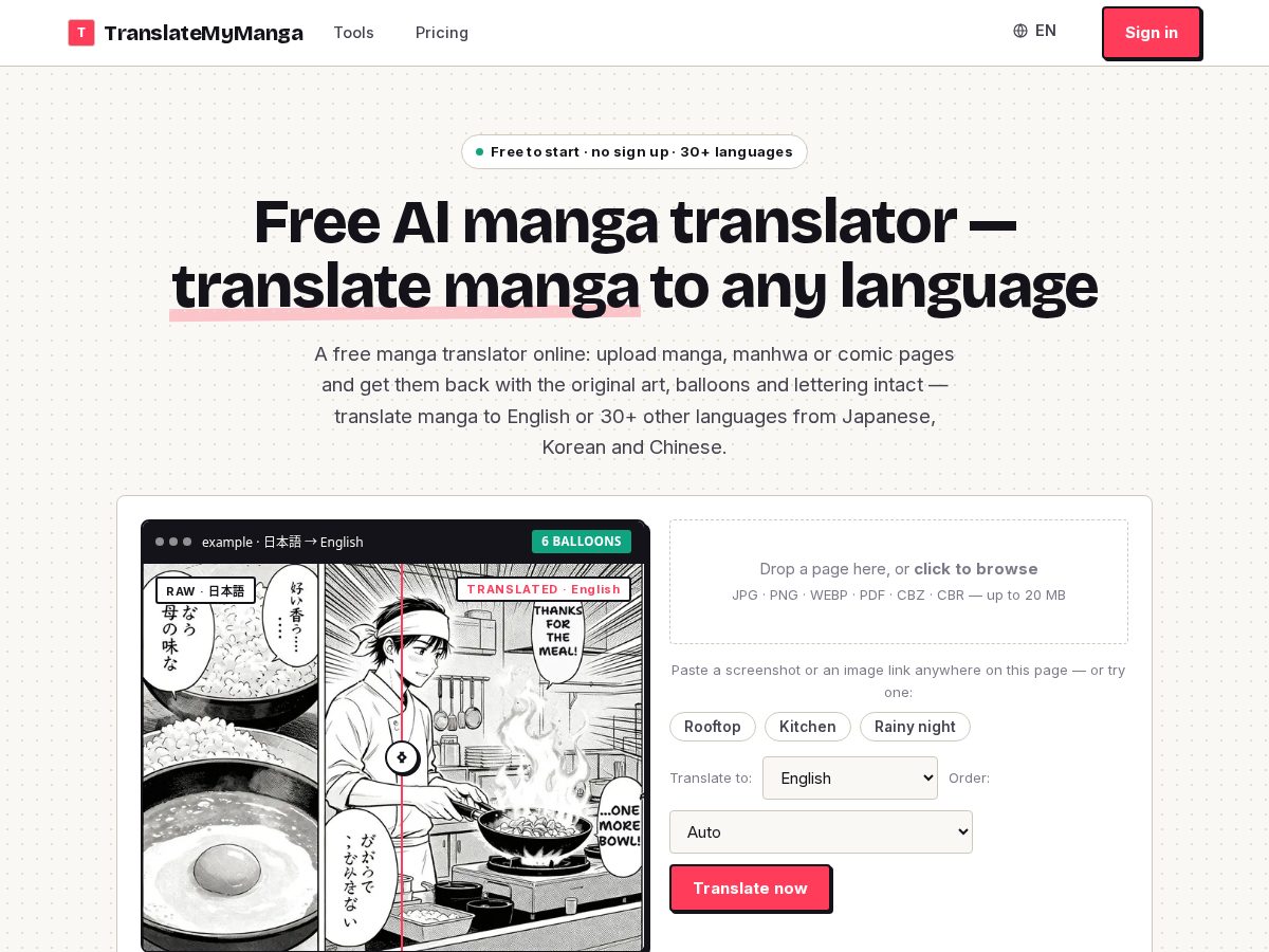Landing-page snapshot of translatemymanga.com