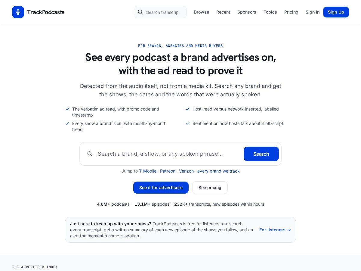 Landing-page snapshot of trytrackpodcasts.com