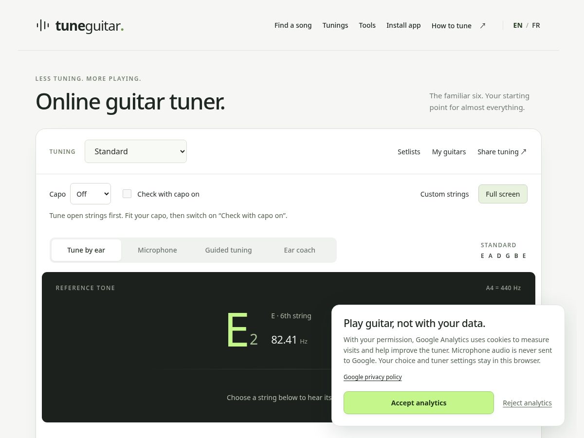 Landing-page snapshot of tuneguitar.app