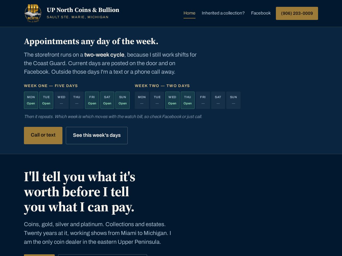 Landing-page snapshot of upnorthcoins.com