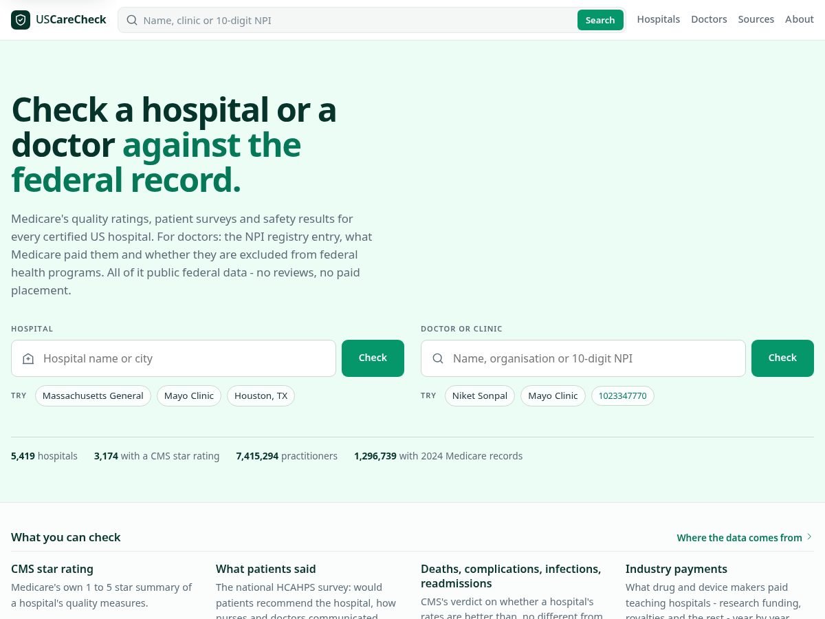 Landing-page snapshot of uscarecheck.com