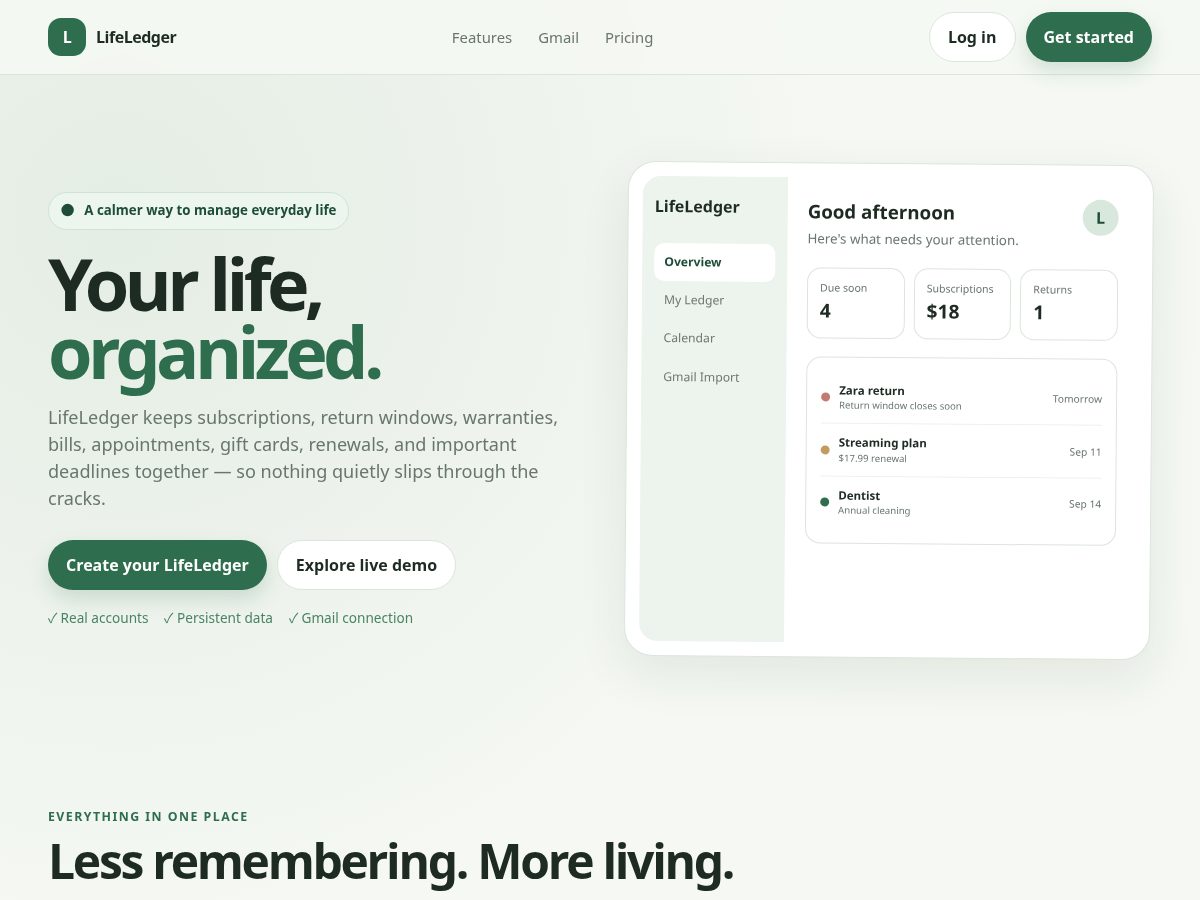Landing-page snapshot of uselifeledger.com