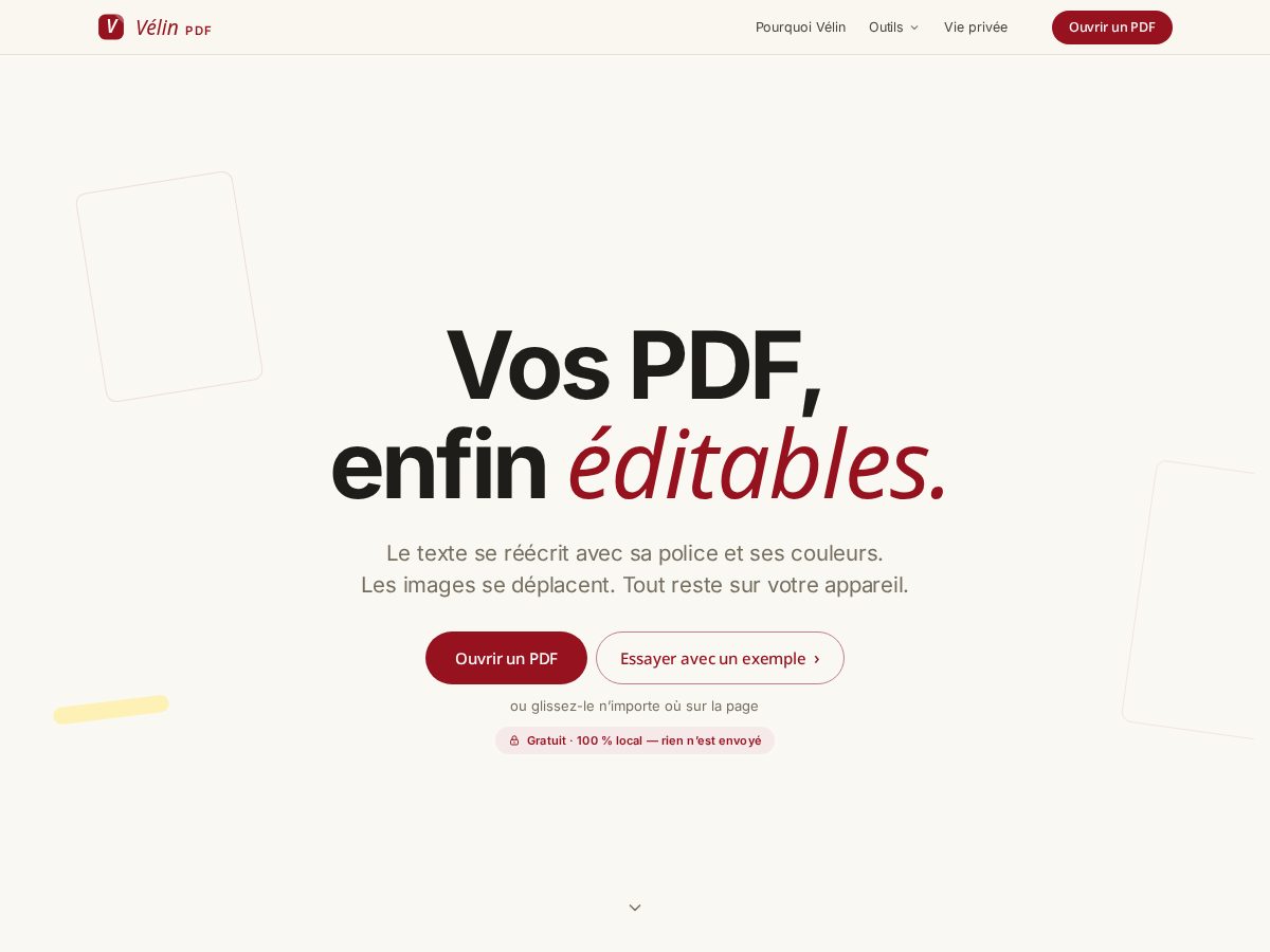 Landing-page snapshot of velinpdf.com