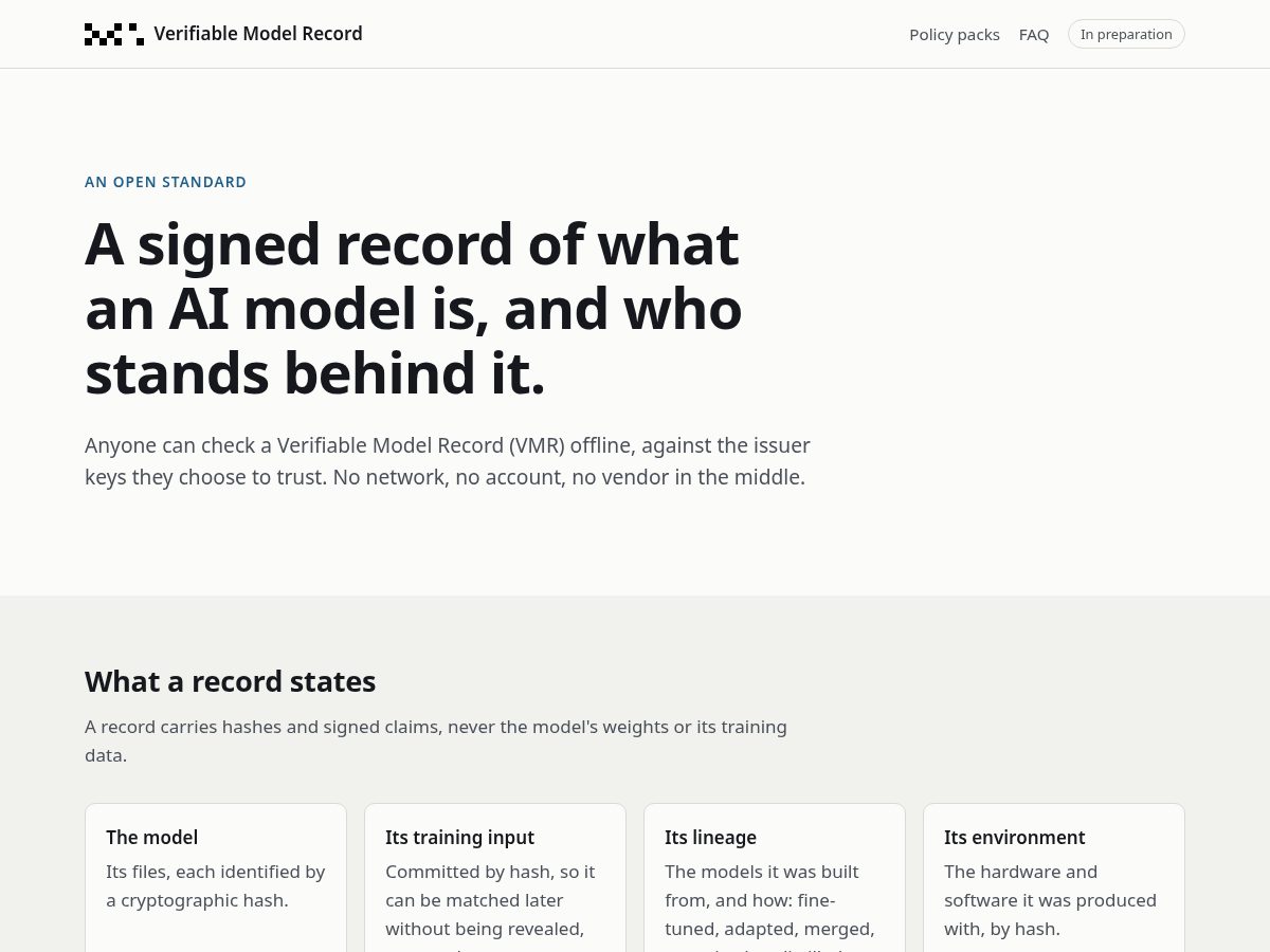 Landing-page snapshot of verifiablemodel.org