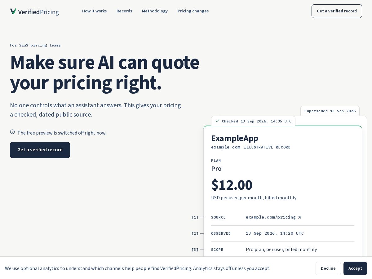 Landing-page snapshot of verifiedpricing.com