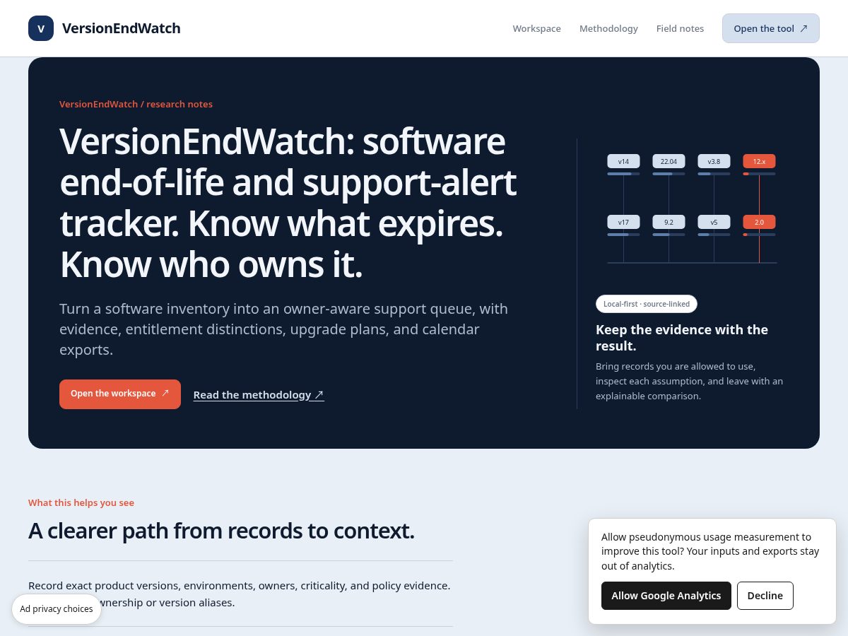 Landing-page snapshot of versionendwatch.com