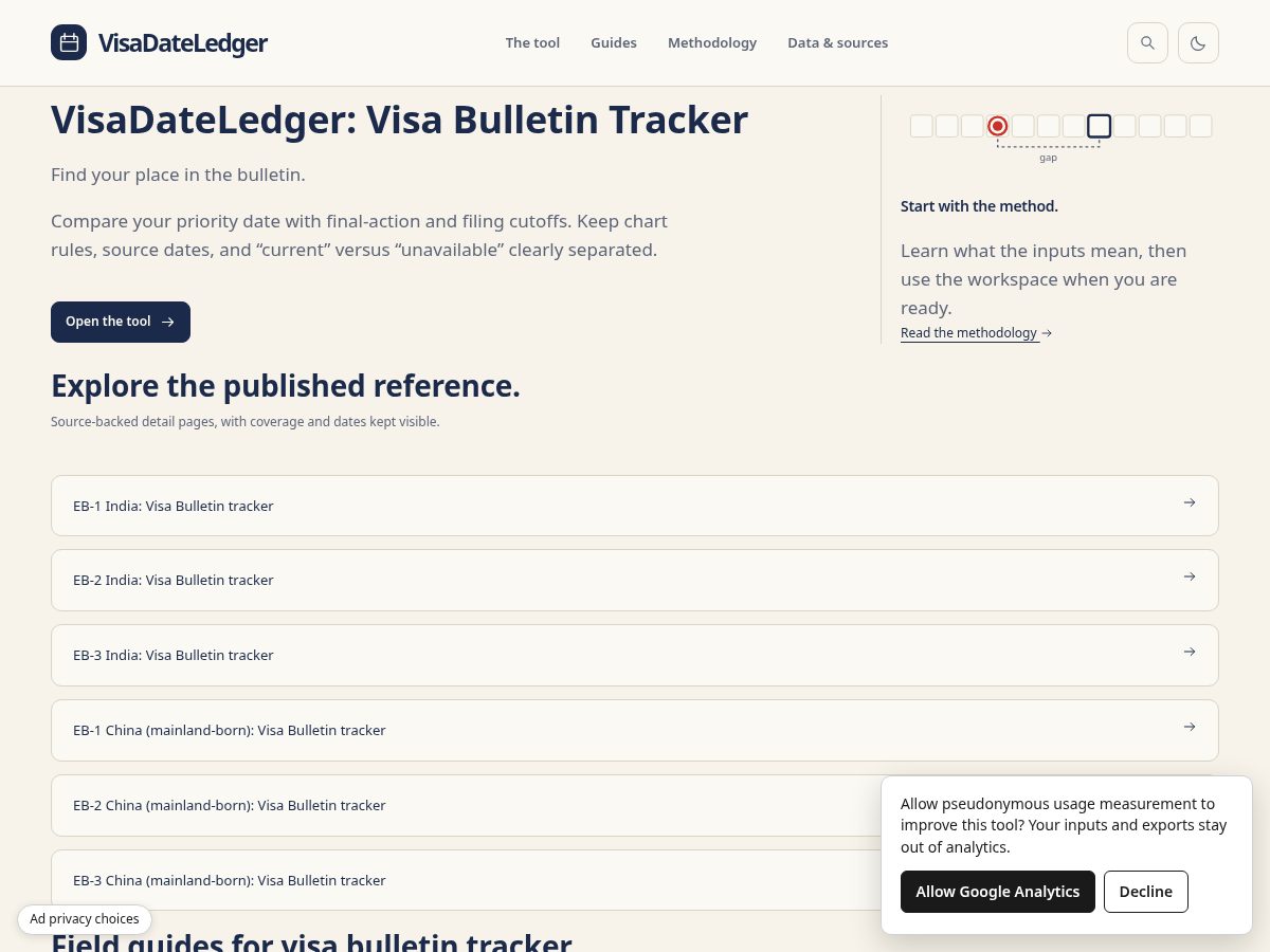 Landing-page snapshot of visadateledger.com