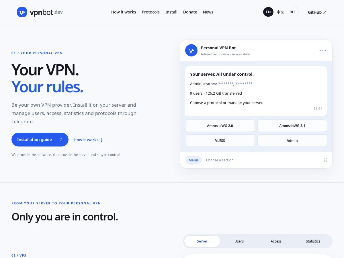 Landing-page snapshot of vpnbot.dev