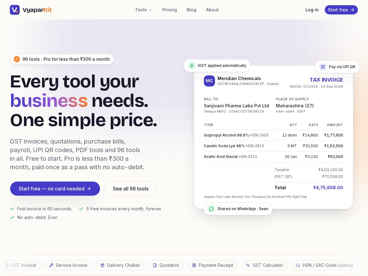 Landing-page snapshot of vyaparkit.com