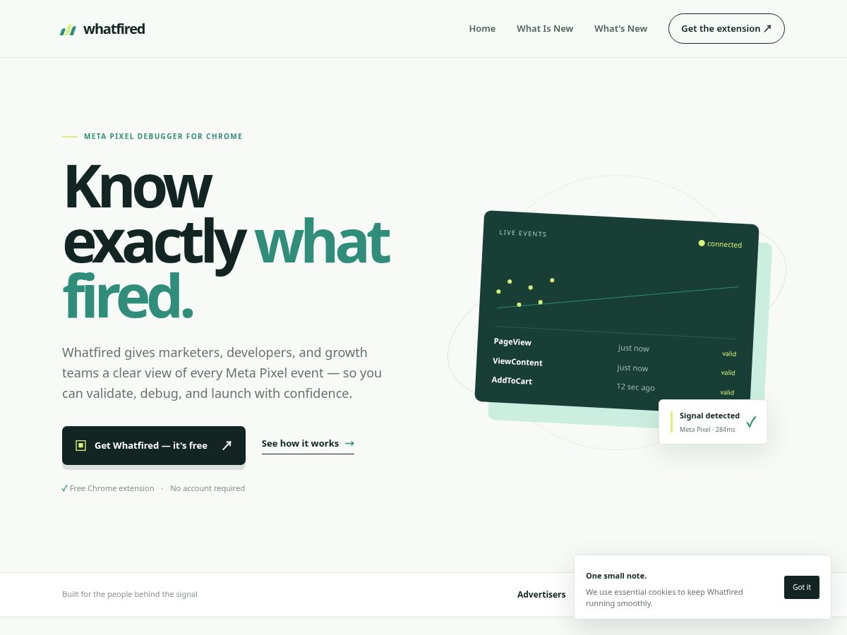 Landing-page snapshot of whatfired-pixeltracker.com