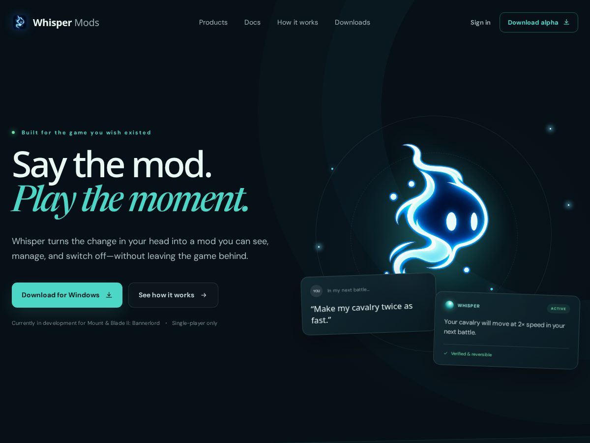 Landing-page snapshot of whispermods.com