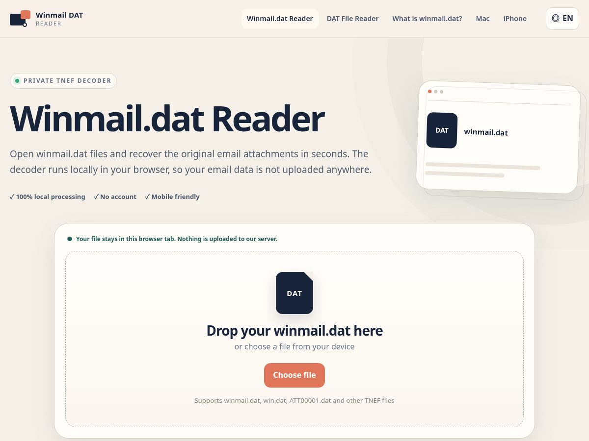 Landing-page snapshot of winmaildatreader.com