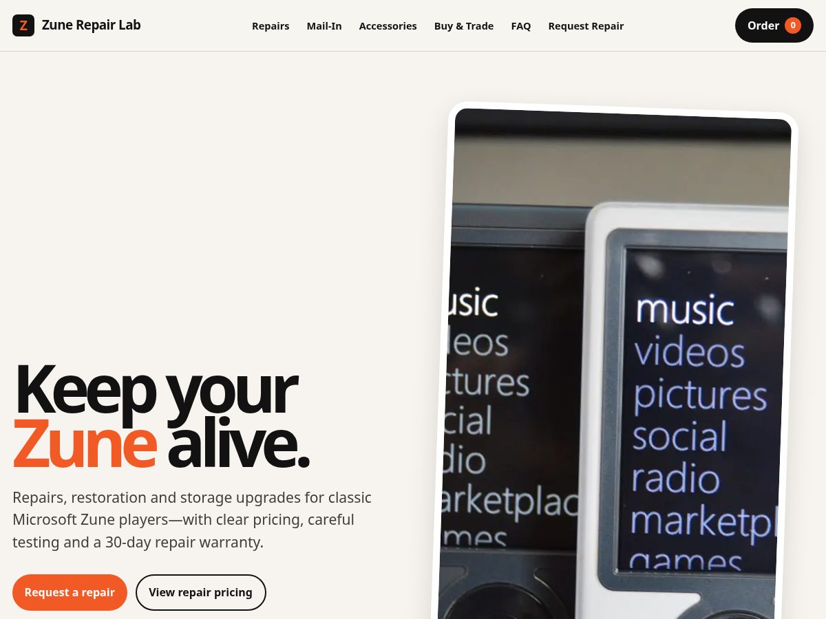 Landing-page snapshot of zunerepairlab.com