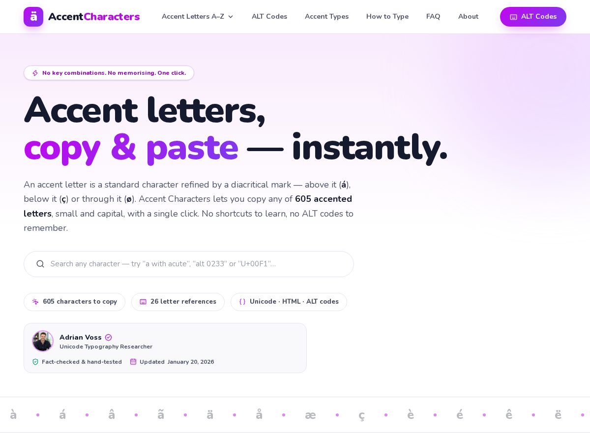Landing-page snapshot of accentcharacters.com