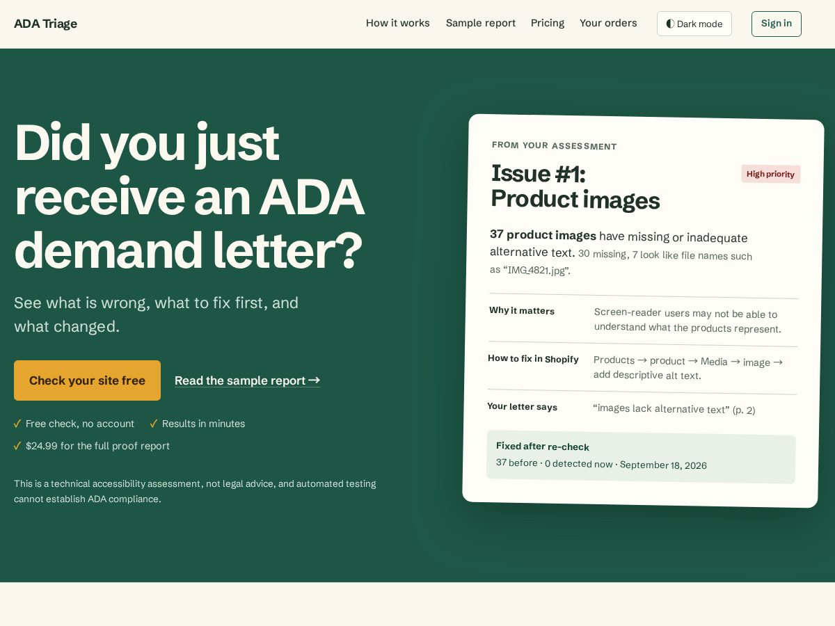 Landing-page snapshot of adatriage.com