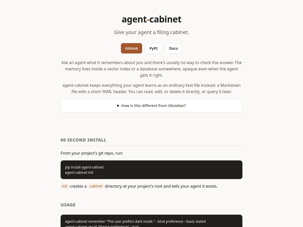 Landing-page snapshot of agent-cabinet.com