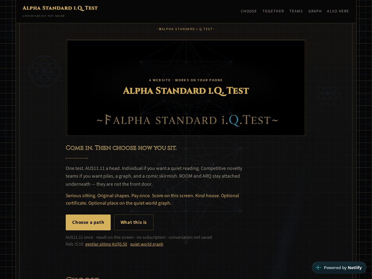 Landing-page snapshot of alphastandardiqtest.com