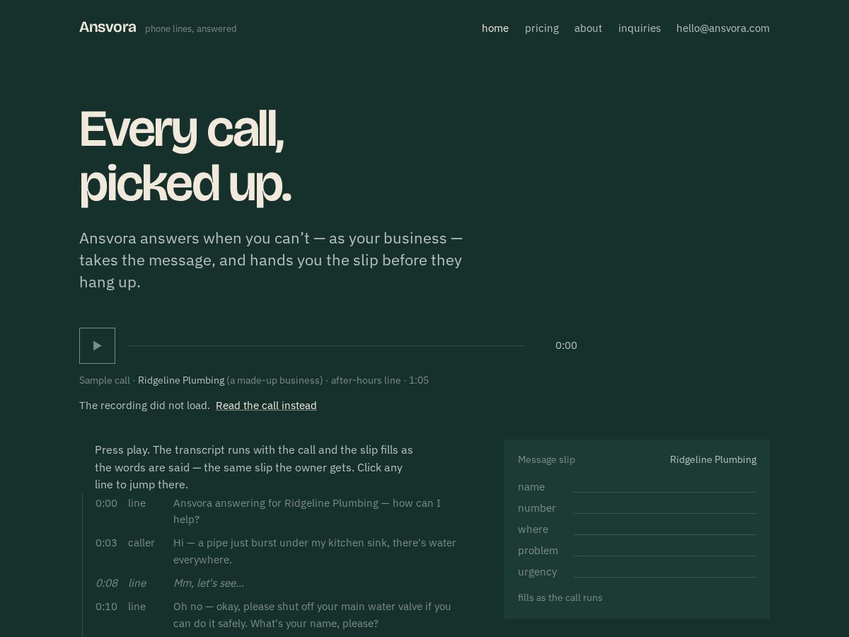 Landing-page snapshot of ansvora.com