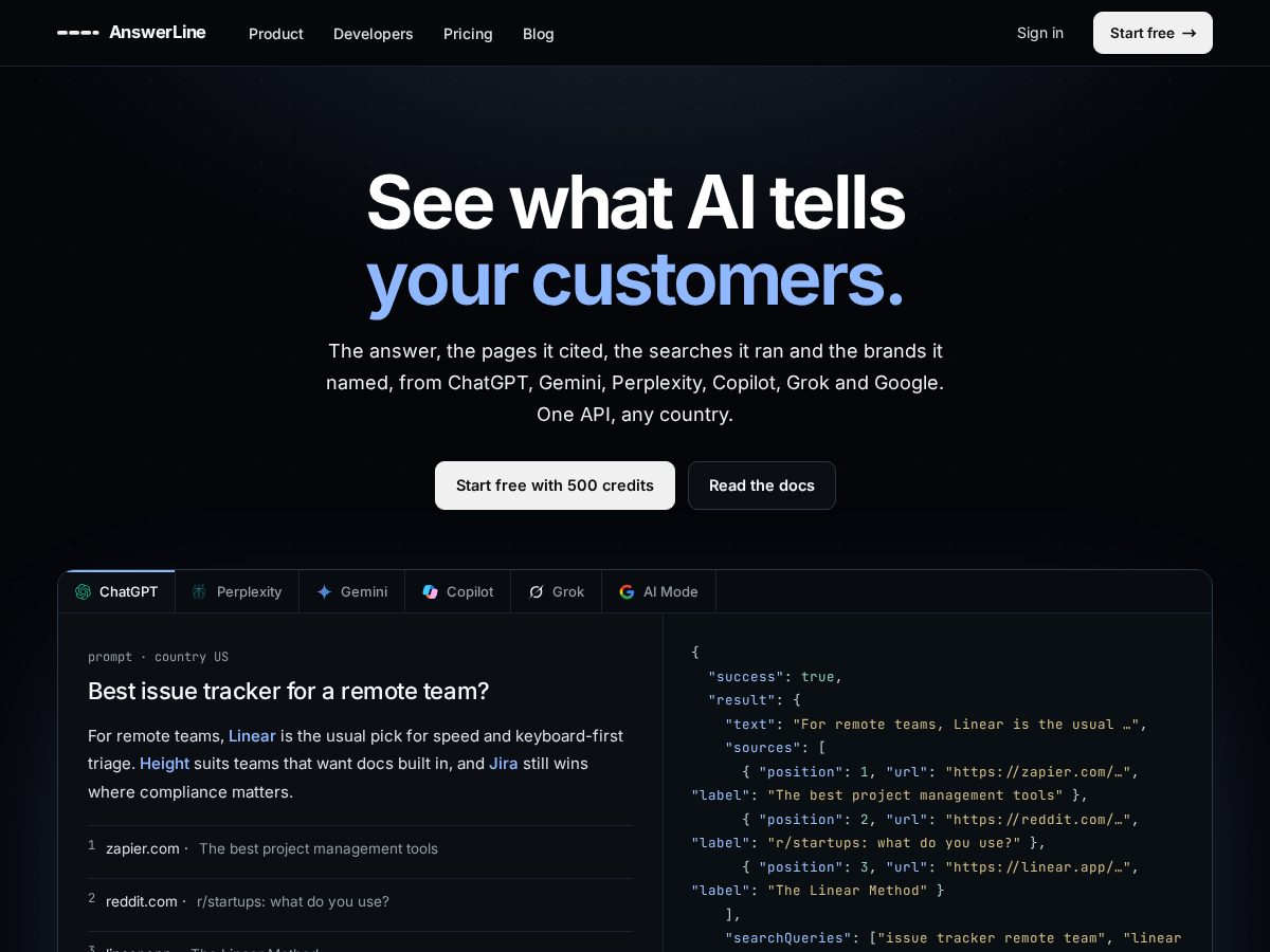 Landing-page snapshot of answerline.dev