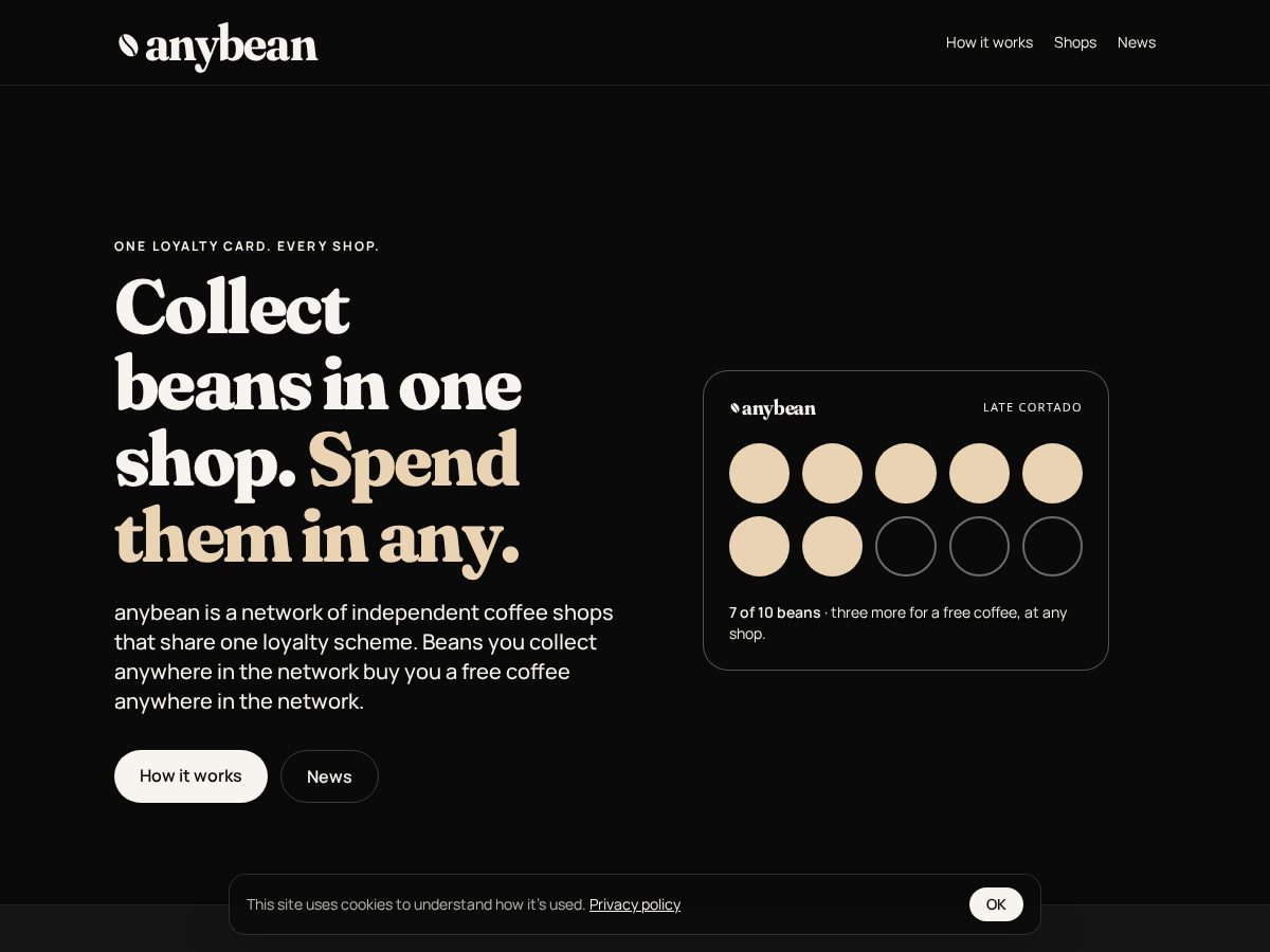 Landing-page snapshot of anybean.coffee
