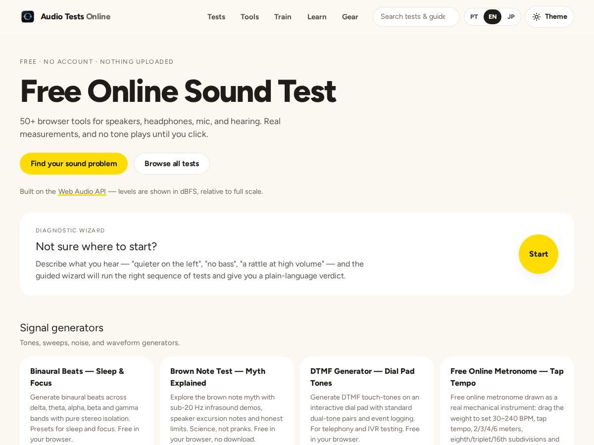 Landing-page snapshot of audiotestsonline.com