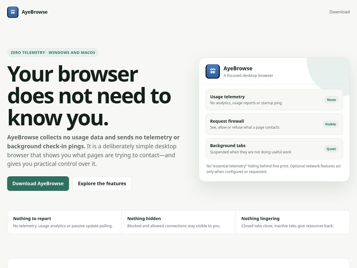 Landing-page snapshot of aye-browse.com