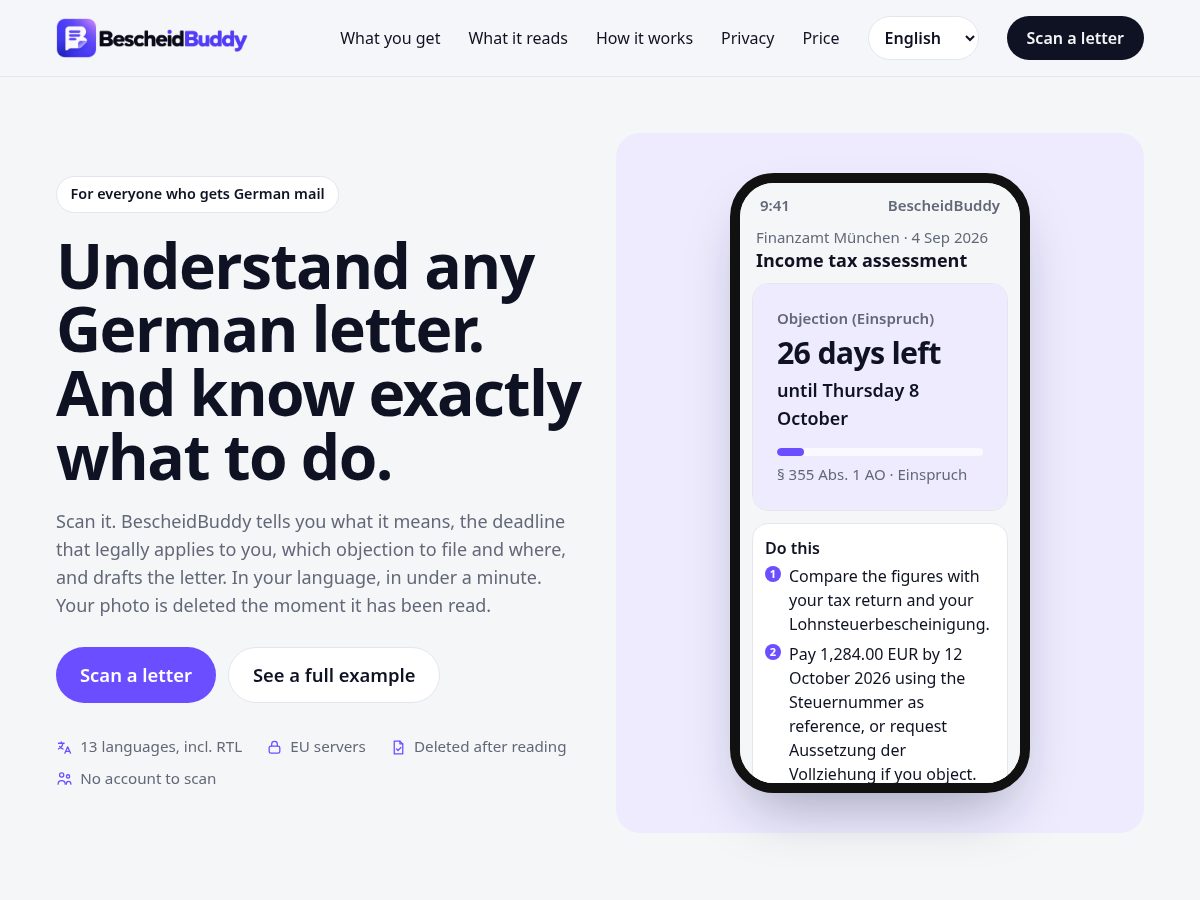 Landing-page snapshot of bescheidbuddy.app